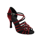Carica immagine nella Galleria, NORA Dreams Black Red (L2576S) - Scarpa da Ballo da Donna in Raso Nero cinturino incrociato al Collopiede con Strass Rosso Rubino Tacco a Rocchetto
