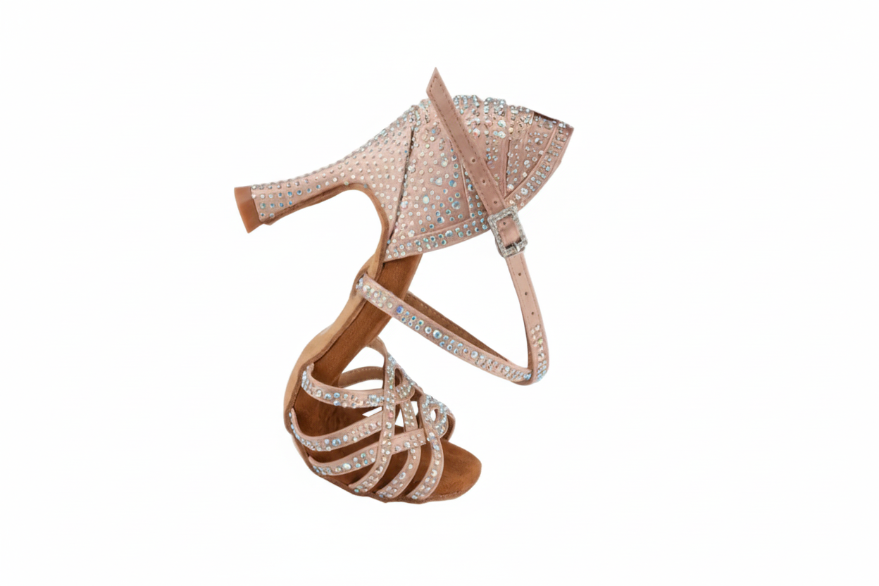 Scarpa da donna Carolin QC (Marea L14) in raso seta carne con Swarovski Boreali, tacco a rocchetto slim alto, linea Bi-Flex.
