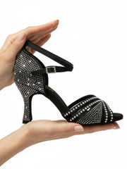 Load image into Gallery viewer, LULY Dreams Black (L3/L640) - Scarpa da Ballo da Donna in Raso Nero cinturino incrociato alla Caviglia con Strass Boreali Tacco a Rocchetto