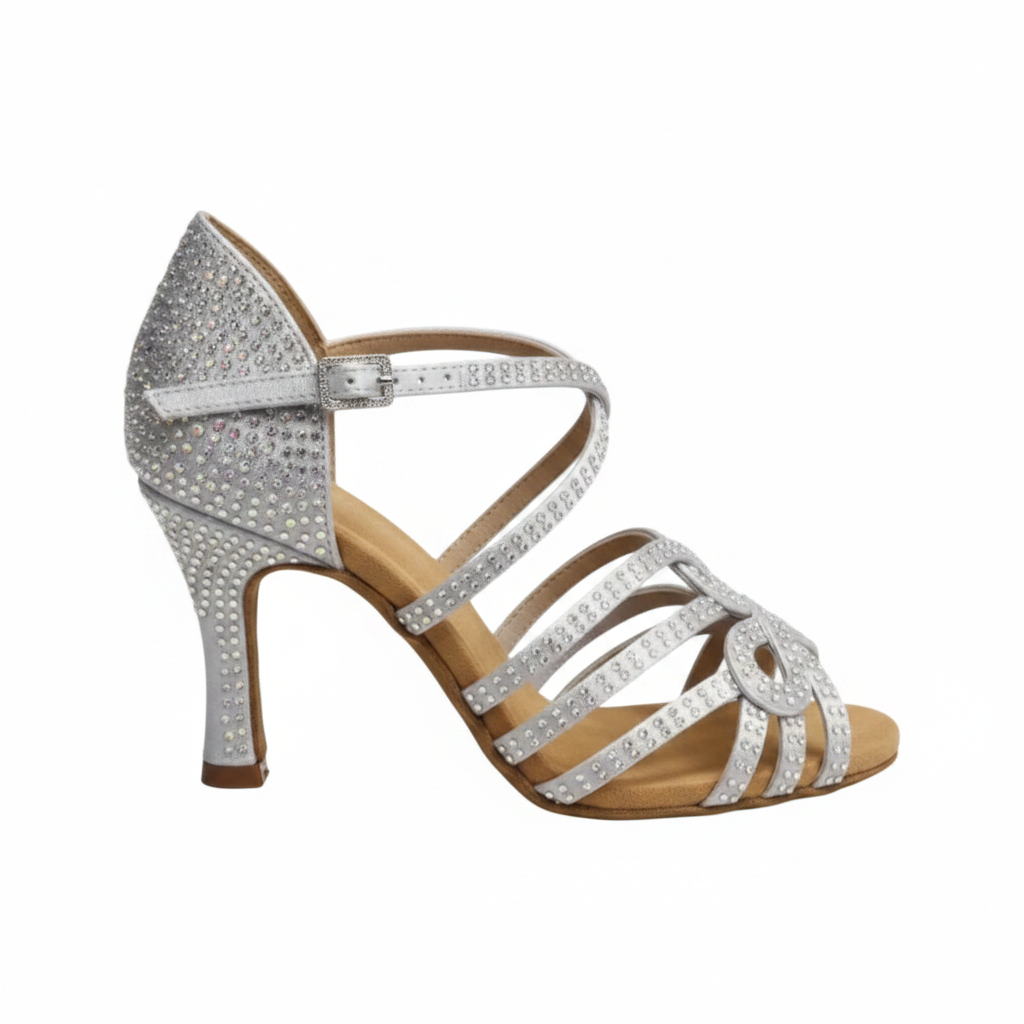 Scarpe da ballo donna NORA Dreams Black in raso nero con cinturino incrociato, tacco a rochetto e dettagli di strass Boreali