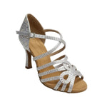 Carica immagine nella Galleria, Scarpa da ballo Donna NORA Dreams Silver Wish Dance Shop con raso argento, cinturino incrociato e tacco a rocchetto con strass.

