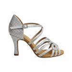 Carica immagine nella Galleria, Scarpa da ballo Donna NORA Dreams Silver Wish Dance Shop in raso argento con cinturino incrociato e tacco a rocchetto con strass
