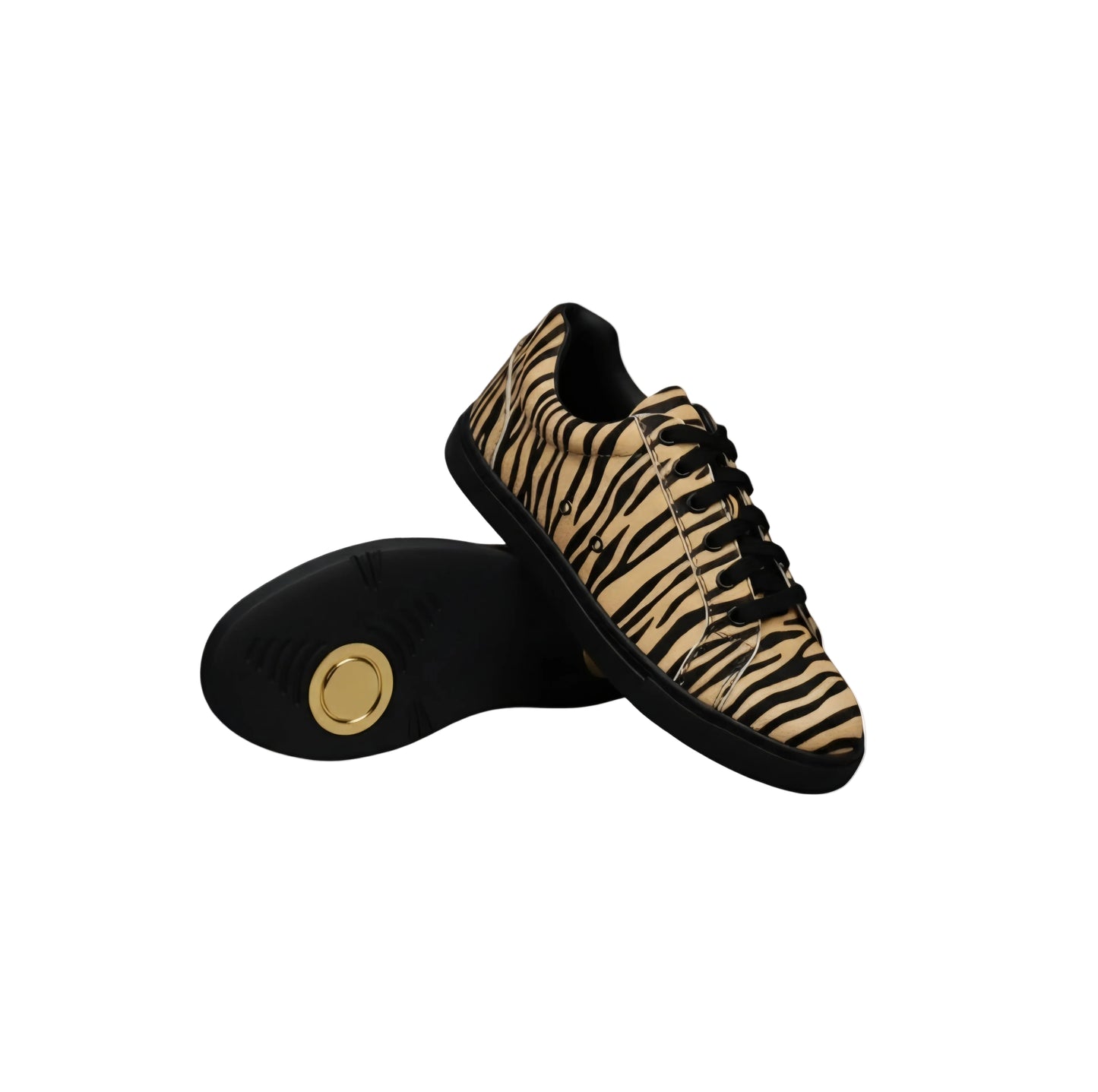 Sneaker ATACA Tiger Black Gold Vortex Wish Dance Shop con disegno tigre bengala beige, suola nera in gomma e resina, materiale vegan