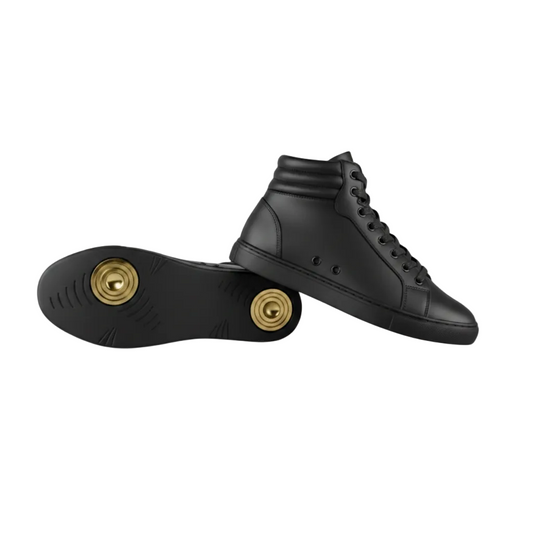 GERO VERSUS Black Gold Vortex (L0703FCE) - High-Top Sneaker in All-Black Vegan Leather, Black Rubber and Caoutchouc Sole, Confort Light Flex, Gold Pivot Rings