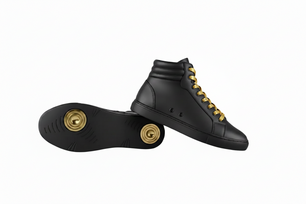 GERO VERSUS Black Gold Vortex (L0703FCE) - Sneaker Collo Alto in Ecopelle Totale Nera Materiale Vegan Suola Nera in Gomma e Caucciù Confort Light Flex Cerchi Oro Pivot