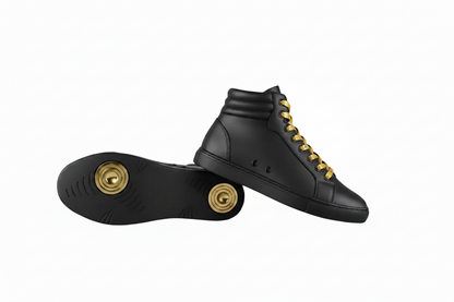 GERO VERSUS Black Gold Vortex (L0703FCE) - Sneaker Collo Alto in Ecopelle Totale Nera Materiale Vegan Suola Nera in Gomma e Caucciù Confort Light Flex Cerchi Oro Pivot