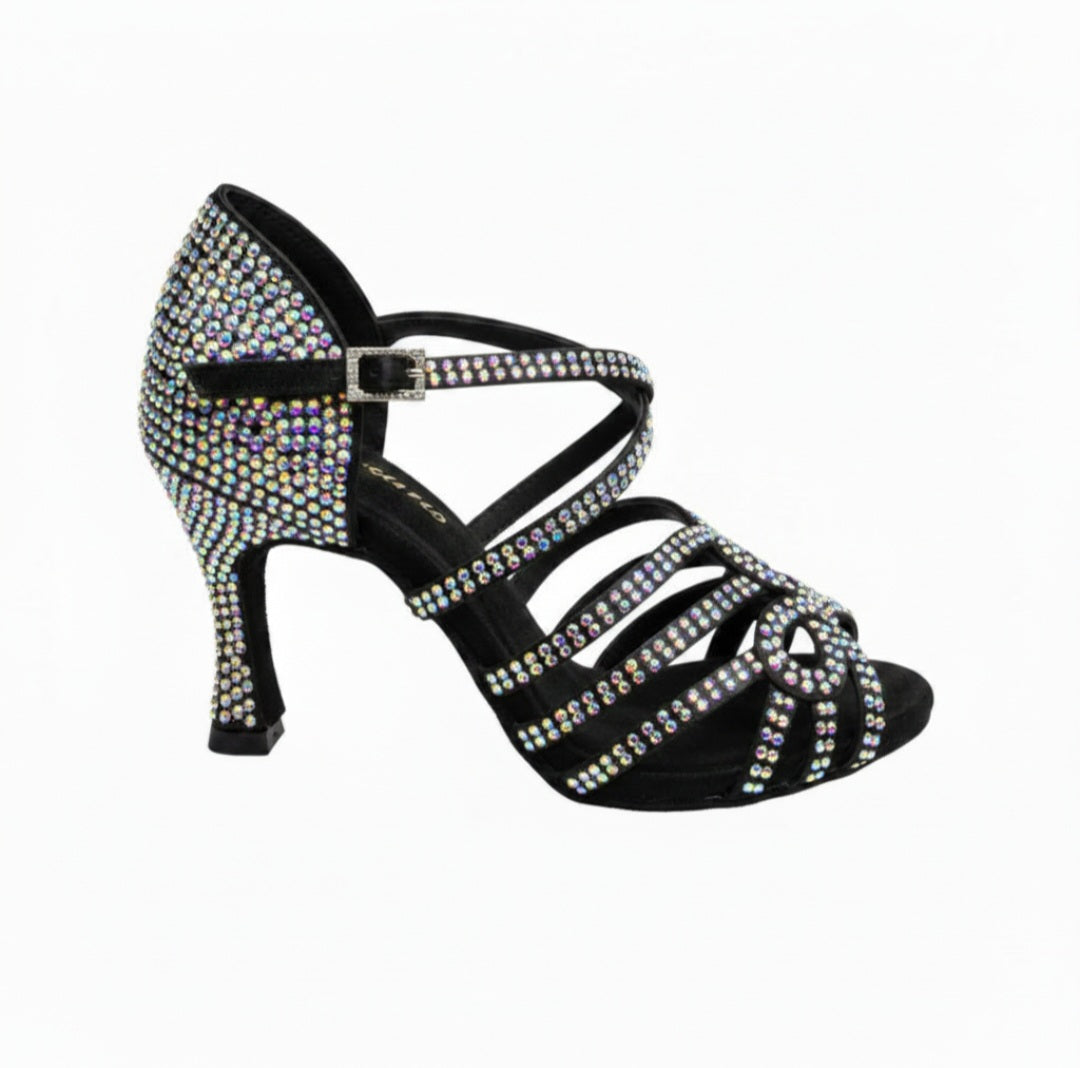 NORA Dreams Black (L2576S) - Scarpa da Ballo da Donna in Raso Nero cinturino incrociato al Collopiede con Strass Boreali Tacco a Rocchetto