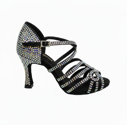 NORA Dreams Black (L2576S) - Scarpa da Ballo da Donna in Raso Nero cinturino incrociato al Collopiede con Strass Boreali Tacco a Rocchetto