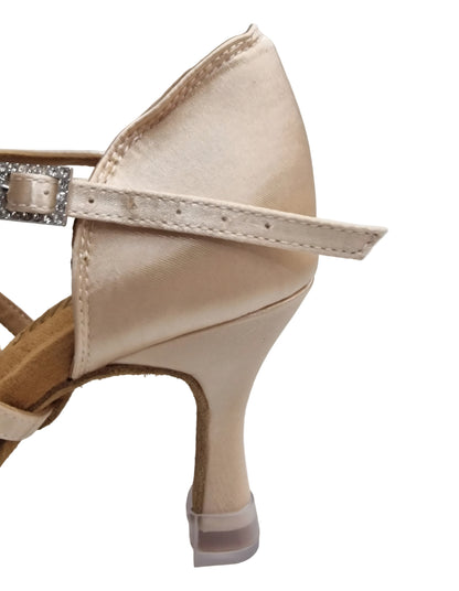 Onda QC Dreams SS Champagne CE (BI-Flex) - Zapatilla de mujer en raso Gold Flash Champagne con tira cruzada en el empeine y suela Extraflex Competition, tacón bobina