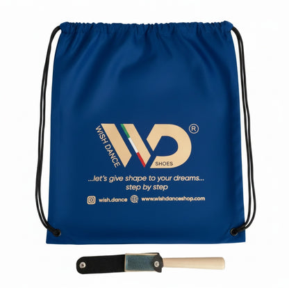 KIT BALLO (Accessori) Per Scarpe Da Ballo DONNA e UOMO - Sacchetto Zaino Porta Scarpe Tessuto Idrorepellente con stampa indelebile glitterato Oro + Spazzola in Legno Con Denti in Acciaio Ravviva Bufalo