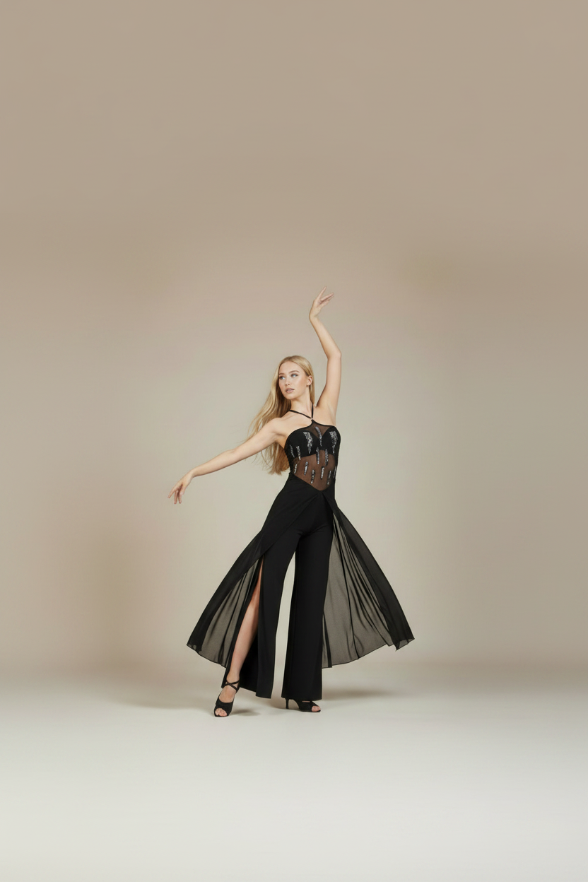 TERLY - Abito Tuta Pantalone Semilargo in Microfibra Bielastica traspirante Antisudore con inserti di Tulle Bielastico e paillettes Argento
