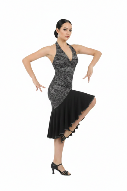 ROXEN - Abito in Microfibra nera Traspirante Bielasica con parte finale a Portafoglio a Balze con inserti al busto di Tulle Bielastico con motivi Argento su base in Microfibra Bielastica Antisudore  Beige