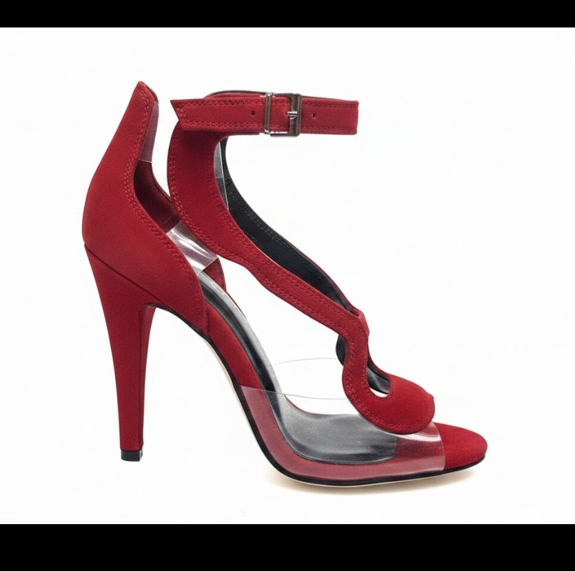 Angela - Women's Black Suede Sandal with Plexiglass Parts Wide Stiletto Heel
