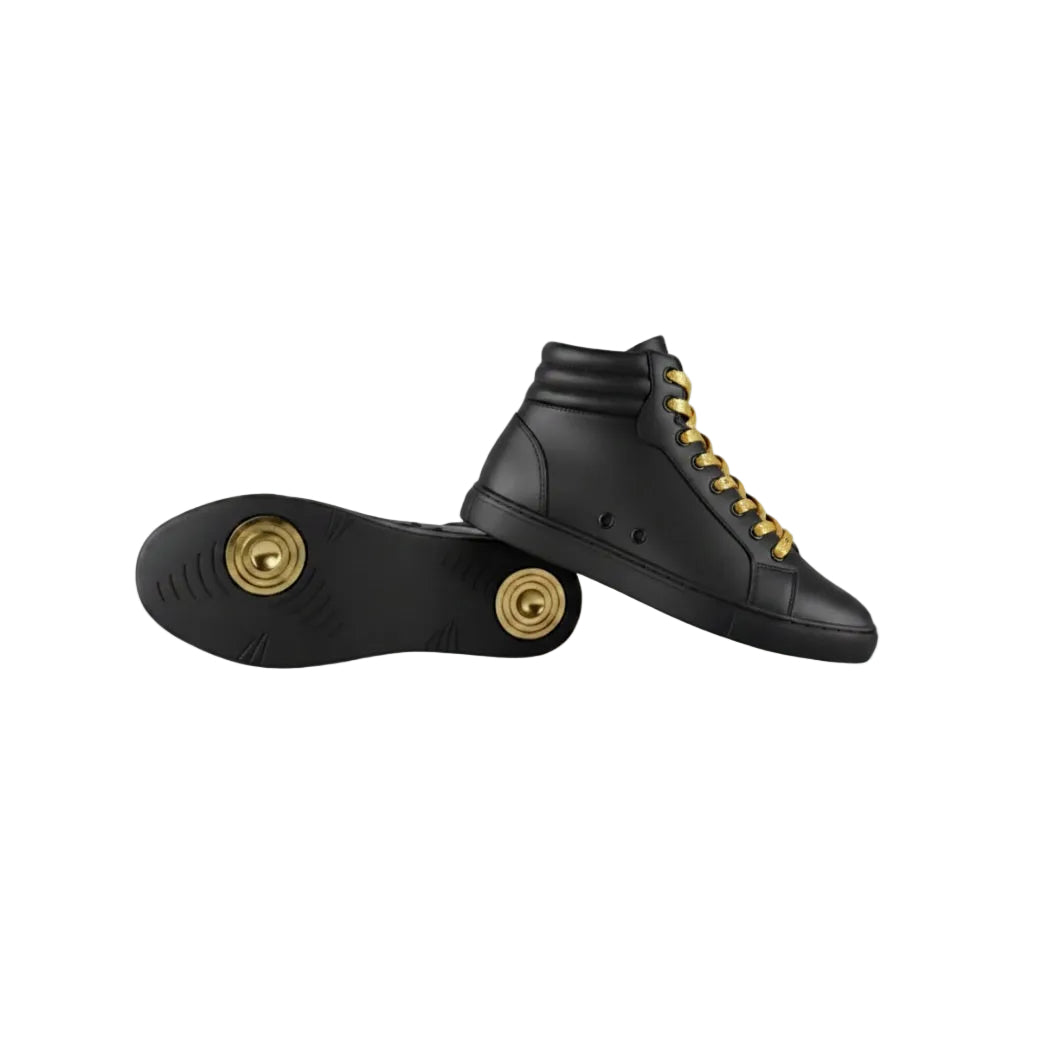 GERO VERSUS Black Gold Vortex (L0703FCE) - Sneaker Collo Alto in Ecopelle Totale Nera Materiale Vegan Suola Nera in Gomma e Caucciù Confort Light Flex Cerchi Oro Pivot