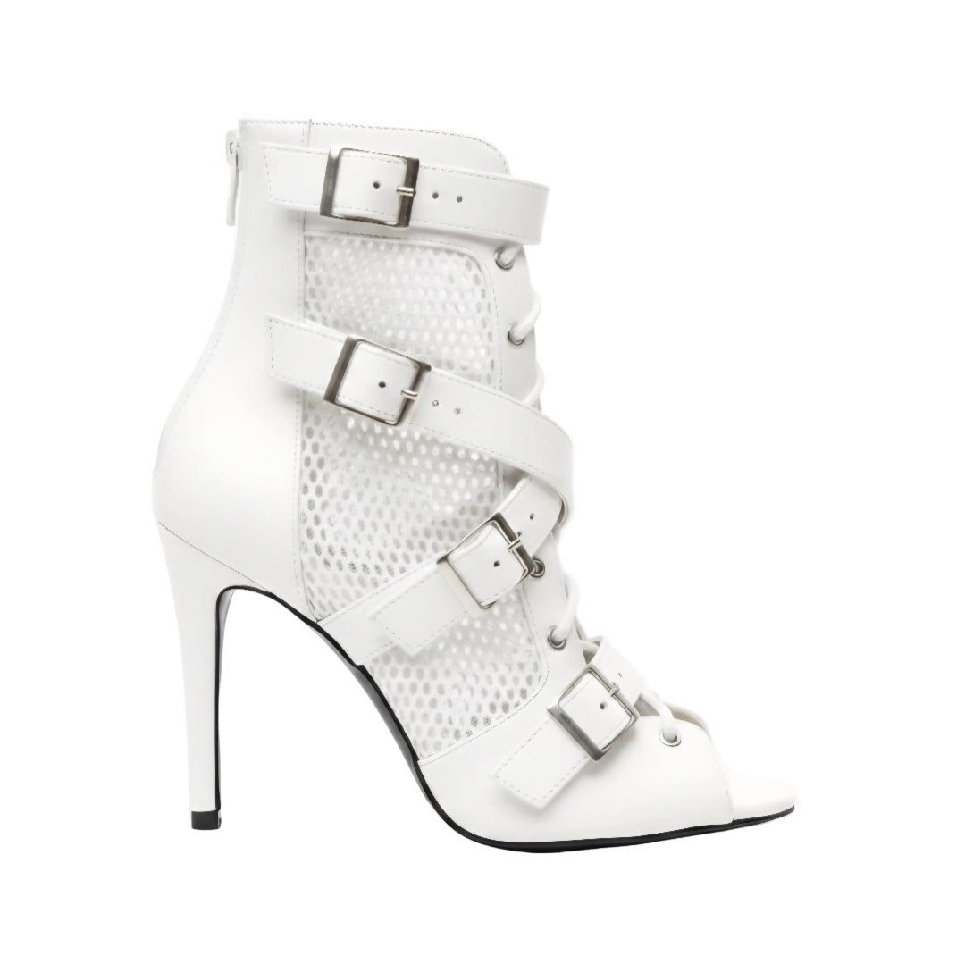 ĆELINE White (Art.2059 Sup ) - Mezzo Stivaletto in Pelle Bianca Rete Bianca Fibbie Argento Tacco a Spillo Suola in Gommina