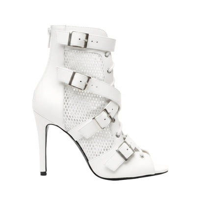 ĆELINE White (Art.2059 Sup ) - Mezzo Stivaletto in Pelle Bianca Rete Bianca Fibbie Argento Tacco a Spillo Suola in Gommina