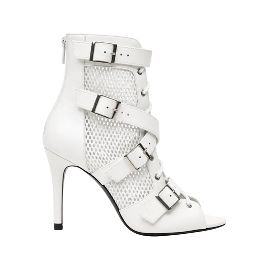 ĆELINE White (Art.2059 Sup ) - Mezzo Stivaletto in Pelle Bianca Rete Bianca Fibbie Argento Tacco a Spillo Suola in Gommina