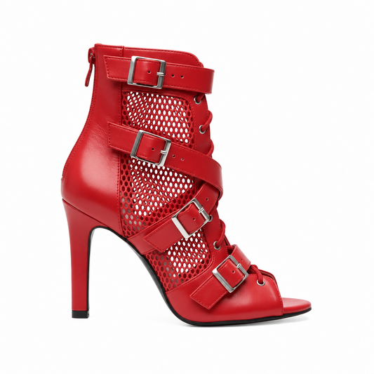 ĆELINE Red  (Art.2059 Sup ) - Mezzo Stivaletto in Pelle Rossa Rete Rossa Fibbie Argento Tacco a Spillo Suola in Gommina