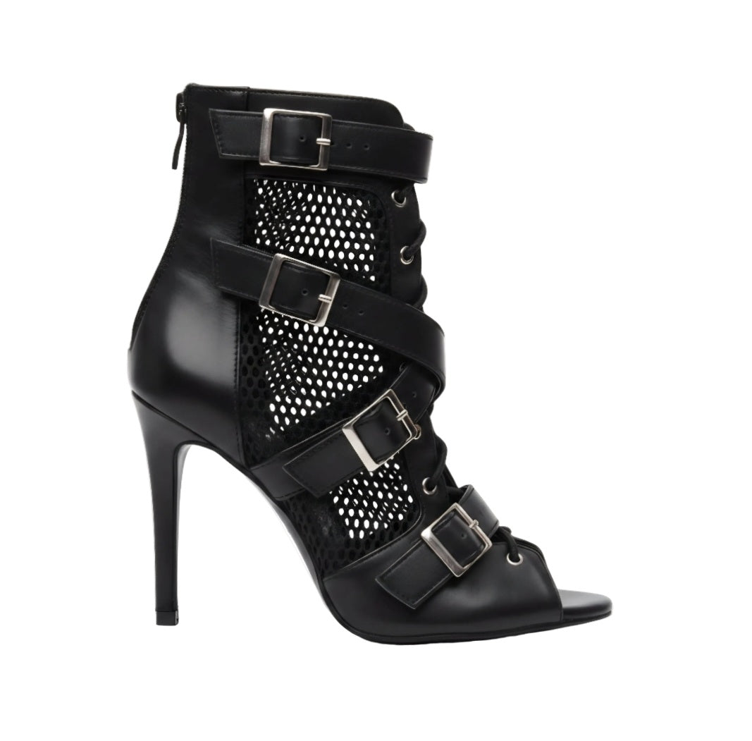 ĆELINE Black  (Art.2059 Sup ) - Mezzo Stivaletto in Pelle Nera Rete Nera Fibbie Argento Tacco a Spillo Suola in Gommina