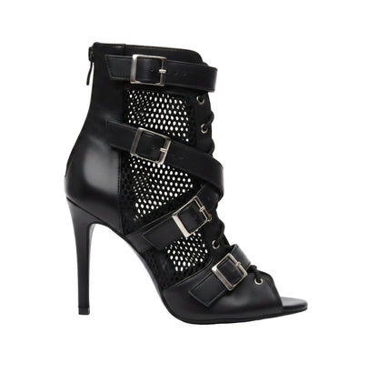 ĆELINE Black  (Art.2059 Sup ) - Mezzo Stivaletto in Pelle Nera Rete Nera Fibbie Argento Tacco a Spillo Suola in Gommina
