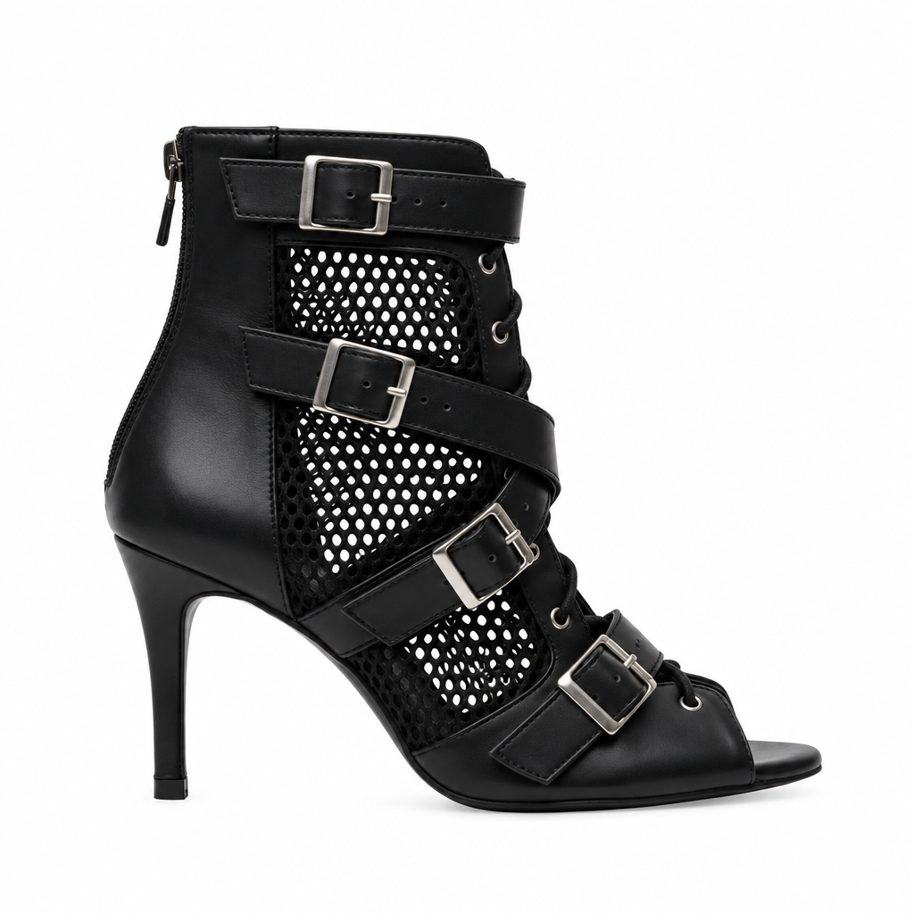 ĆELINE Black  (Art.2059 Sup ) - Mezzo Stivaletto in Pelle Nera Rete Nera Fibbie Argento Tacco a Spillo Suola in Gommina
