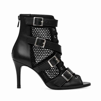ĆELINE Black  (Art.2059 Sup ) - Mezzo Stivaletto in Pelle Nera Rete Nera Fibbie Argento Tacco a Spillo Suola in Gommina