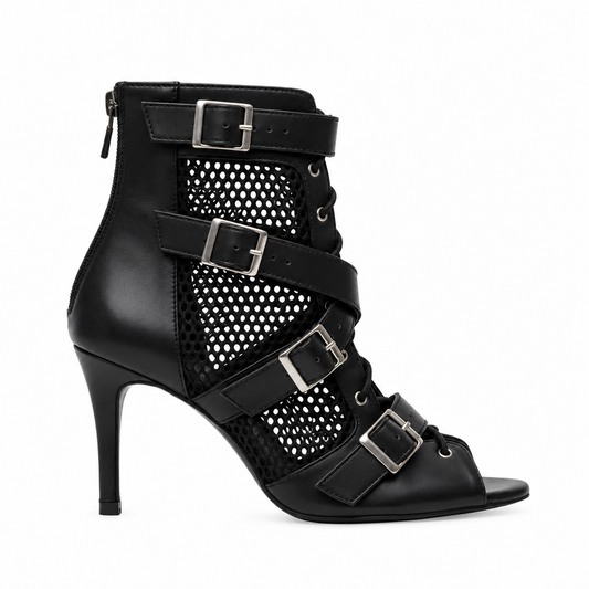 ĆELINE Black  (Art.2059 Sup ) - Mezzo Stivaletto in Pelle Nera Rete Nera Fibbie Argento Tacco a Spillo Suola in Gommina