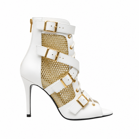 ĆELINE White/Gold (Art.2059 Sup ) - Mezzo Stivaletto in Pelle Bianca Rete Oro Fibbie Oro Tacco a Spillo Suola in Gommina