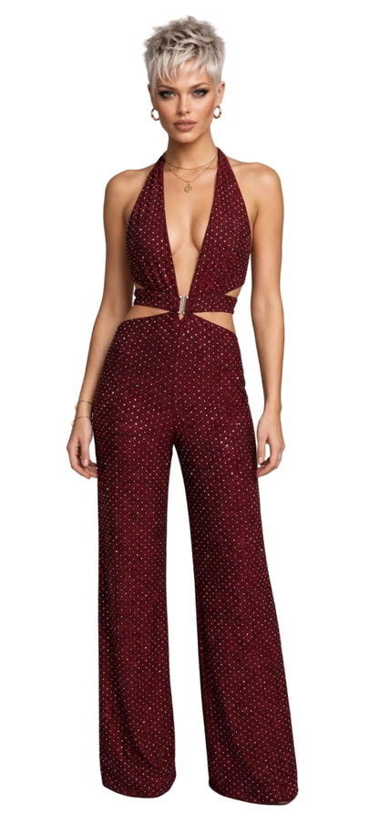 SIMONA JUMPSUIT – BIELASTISCHER STOFFOVERALL MIT APPLIKATION