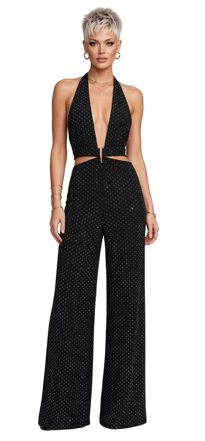SIMONA JUMPSUIT – BIELASTISCHER STOFFOVERALL MIT APPLIKATION