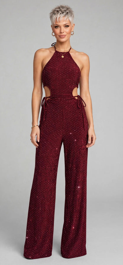 CALLIOPE JUMPSUIT - TUTA TESSUTO BIELASTICO CON APPLICAZIONE DI BORCHIETTE EFFETTO STRASS
