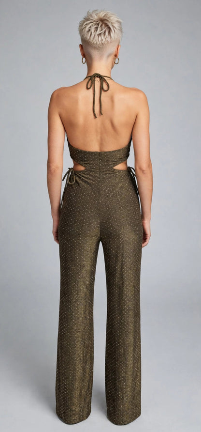 CALLIOPE JUMPSUIT - TUTA TESSUTO BIELASTICO CON APPLICAZIONE DI BORCHIETTE EFFETTO STRASS