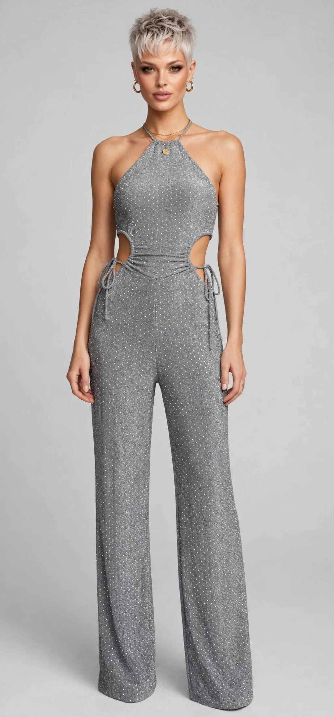 CALLIOPE JUMPSUIT - TUTA TESSUTO BIELASTICO CON APPLICAZIONE DI BORCHIETTE EFFETTO STRASS