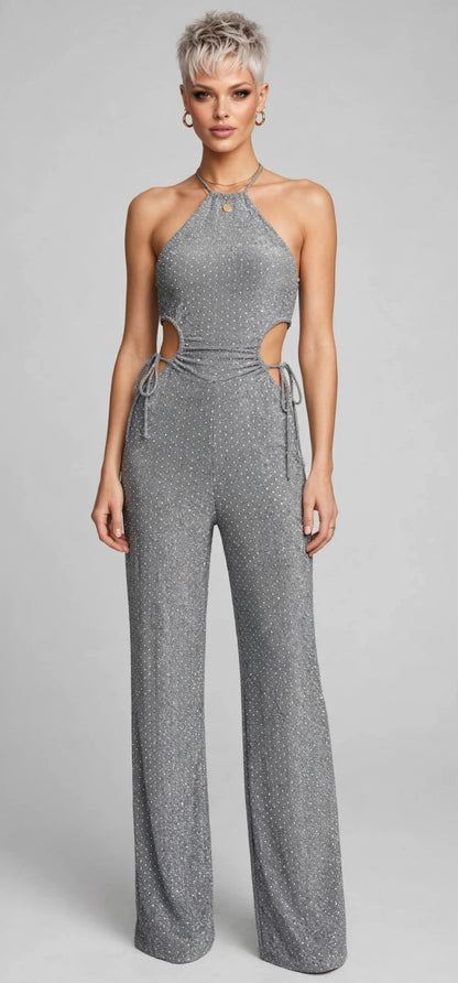CALLIOPE JUMPSUIT - TUTA TESSUTO BIELASTICO CON APPLICAZIONE DI BORCHIETTE EFFETTO STRASS