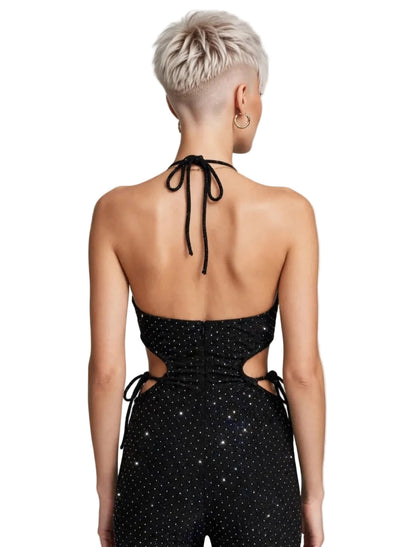 CALLIOPE JUMPSUIT - TUTA TESSUTO BIELASTICO CON APPLICAZIONE DI BORCHIETTE EFFETTO STRASS