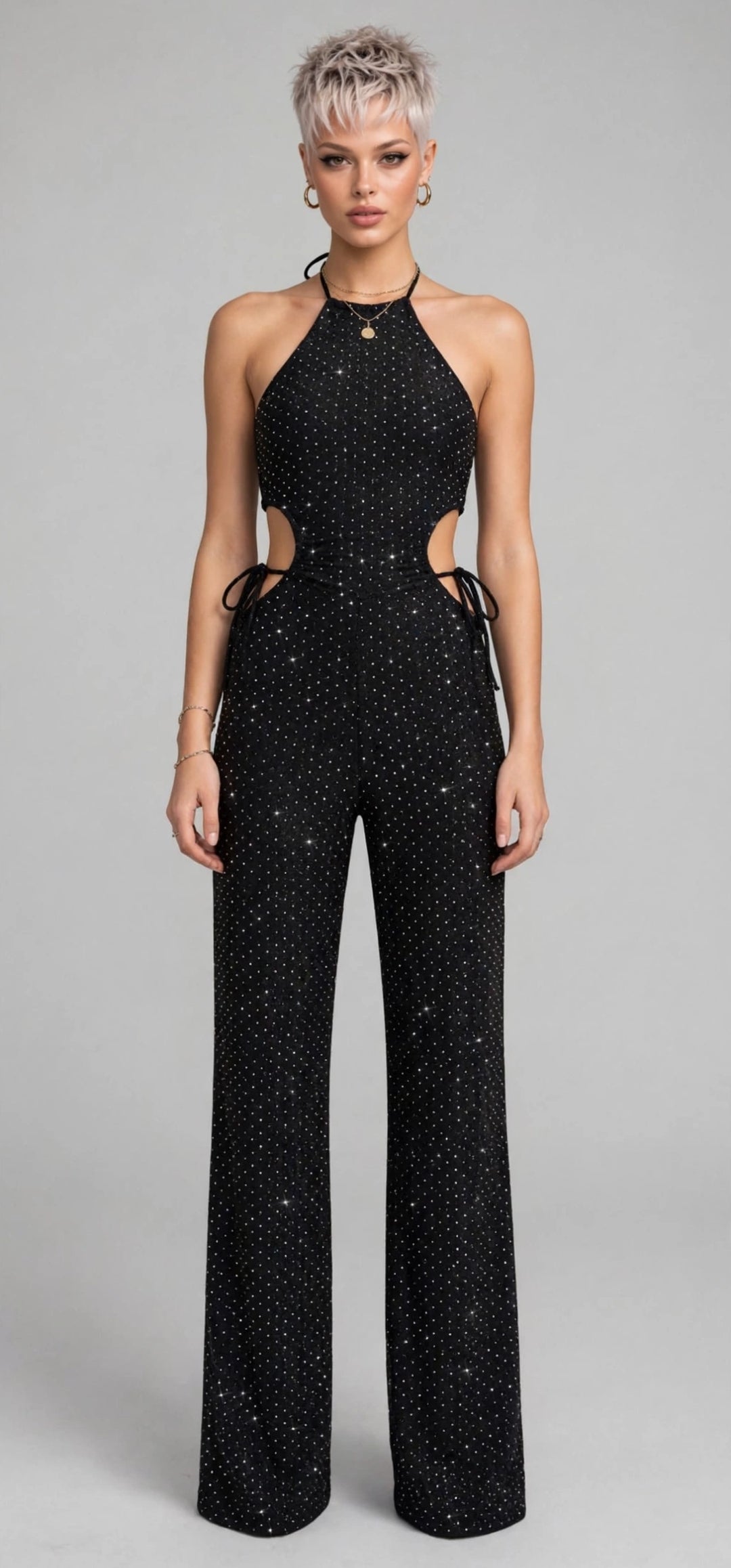 CALLIOPE JUMPSUIT - TUTA TESSUTO BIELASTICO CON APPLICAZIONE DI BORCHIETTE EFFETTO STRASS