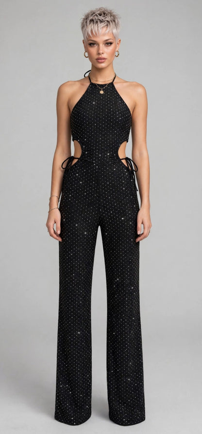 CALLIOPE JUMPSUIT - TUTA TESSUTO BIELASTICO CON APPLICAZIONE DI BORCHIETTE EFFETTO STRASS