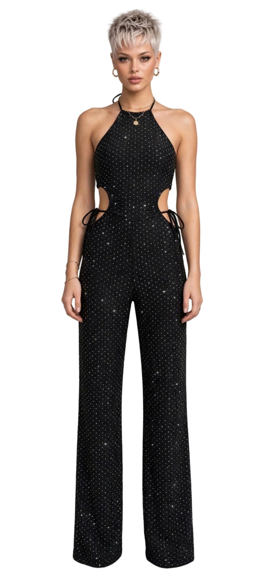 CALLIOPE JUMPSUIT - TUTA TESSUTO BIELASTICO CON APPLICAZIONE DI BORCHIETTE EFFETTO STRASS