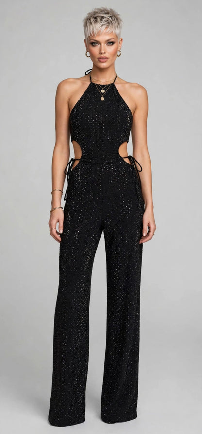 CALLIOPE JUMPSUIT - TUTA TESSUTO BIELASTICO CON APPLICAZIONE DI BORCHIETTE EFFETTO STRASS
