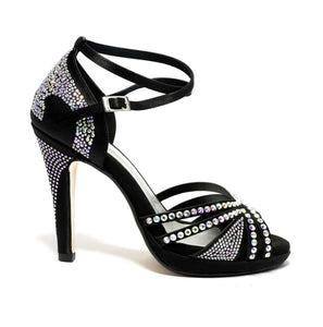 ALMA Dream (LP3) - Scarpa da Ballo da Donna in Raso seta Nero con Swarovski Boreali Cinturino doppio alla Caviglia con Plateau e Tacco Alto a Spillo Largo