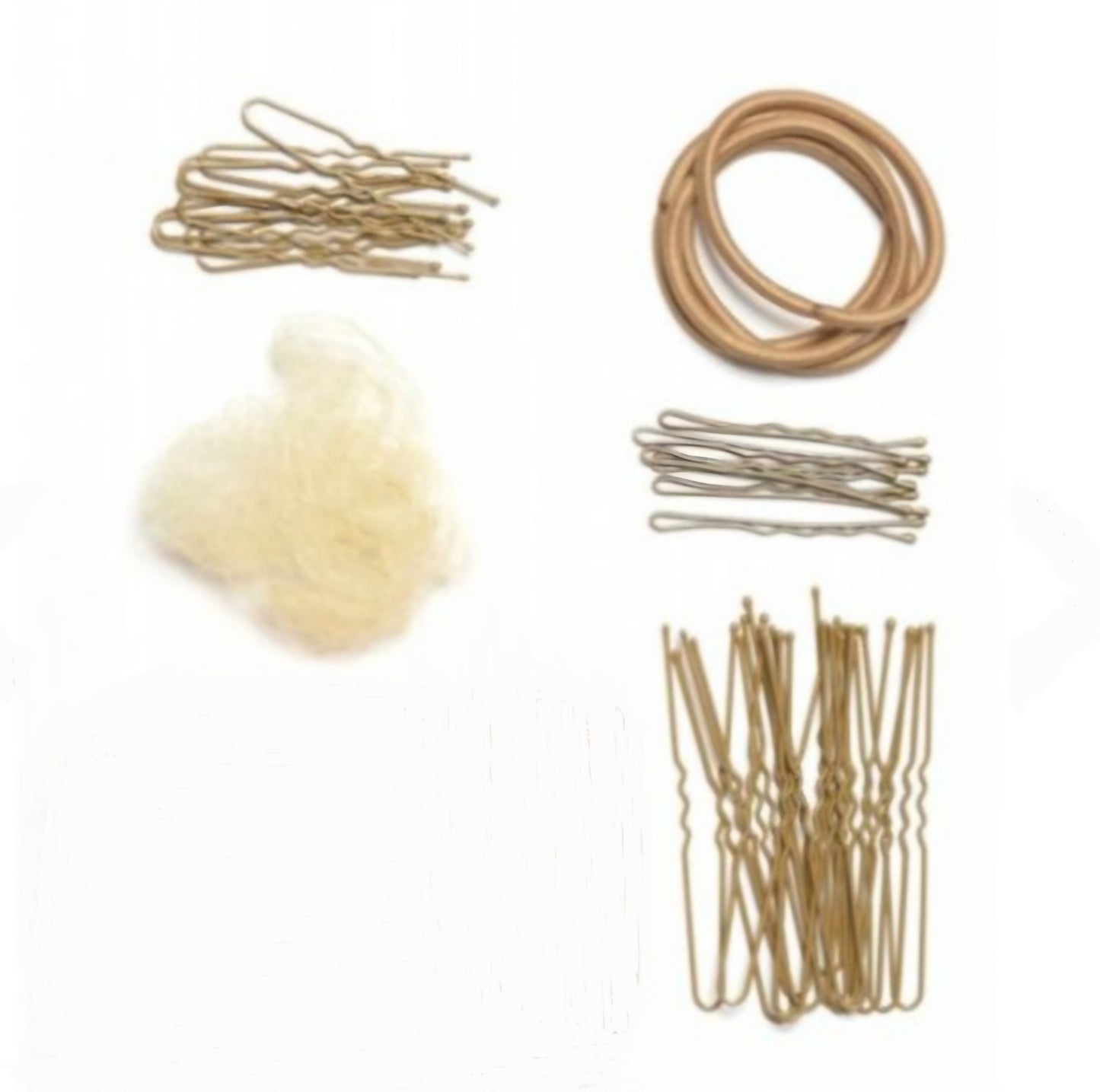 Kit completo per capelli danza classica con forcine, retine, mollette ed elastici, ideale per acconciature da ballerina.