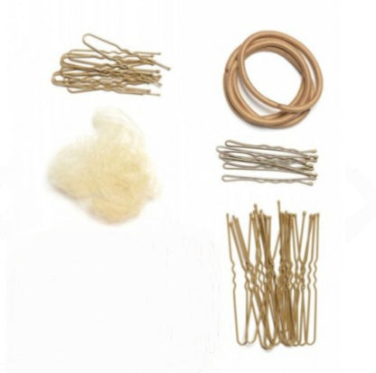 Kit completo per capelli danza classica con forcine, retine, mollette ed elastici, ideale per acconciature da ballerina.