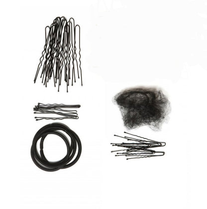 Kit completo per capelli danza classica con forcine, retine, mollette ed elastici, ideale per acconciature di ballerina.