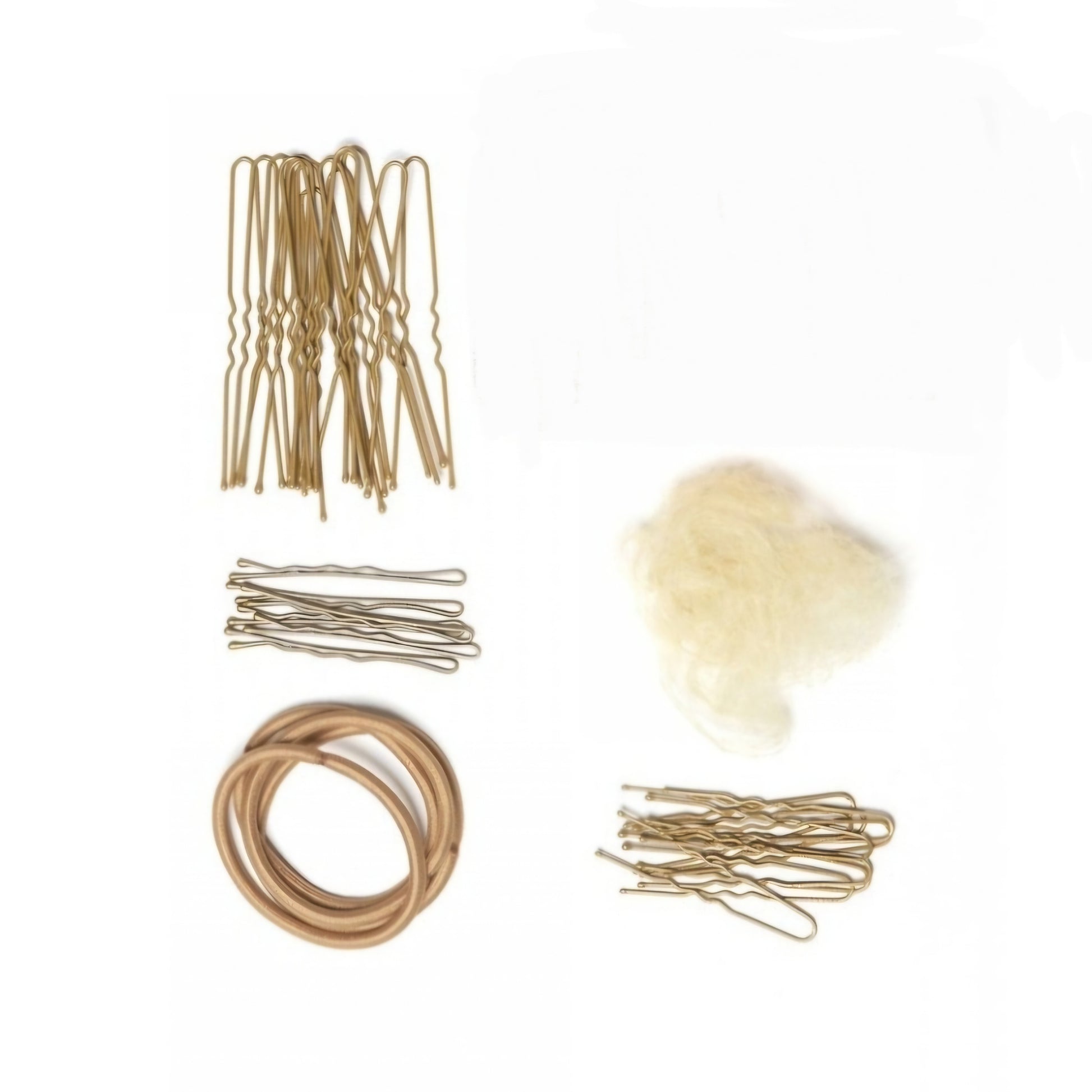 Kit completo per capelli da danza classica con forcine, retine, mollette ed elastici, ideale per acconciature professionali.