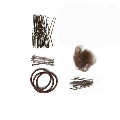 Kit completo per capelli danza classica con forcine, retine, mollette ed elastici, ideale per acconciature di ballerina.