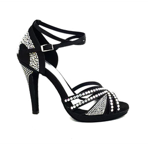 ALMA Dream (LP3) - Scarpa da Ballo da Donna in Raso seta Nero con Swarovski Boreali Cinturino doppio alla Caviglia con Plateau e Tacco Alto a Spillo Largo