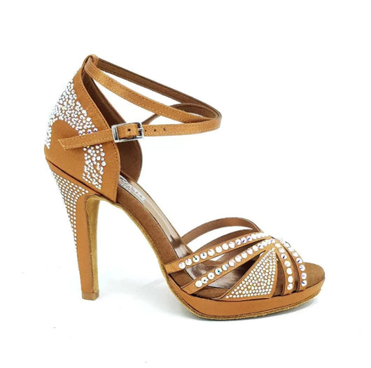 ALMA Dream (LP3) - Scarpa da Ballo da Donna in Raso Seta Bronzo Tan con Swarovski Boreali Cinturino Doppio alla Caviglia con Tacco Alto a Spillo Largo e Platea Confort Flex