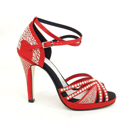 Scarpa da ballo donna ALMA Dream Wish Dance Shop in raso seta rosso intenso, con cinturino doppio, plateau e tacco alto a spillo largo