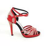 Carica immagine nella Galleria, ALMA Dream (LP3) - Scarpa da Ballo da Donna in Raso Seta Rosso Intenso con Swarovski Boreali Cinturino doppio alla Caviglia con Plateau e Tacco Alto a Spillo Largo
