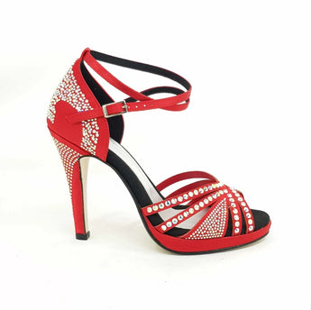 ALMA Dream (LP3) - Scarpa da Ballo da Donna in Raso Seta Rosso Intenso con Swarovski Boreali Cinturino doppio alla Caviglia con Plateau e Tacco Alto a Spillo Largo